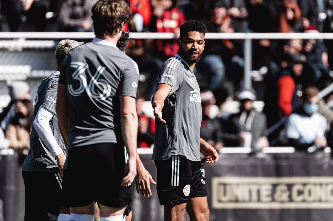 Atlanta United defender George Campbell #32 celebrates after scoring a goal during the first half of the preseason match against the Georgia Revolution at Turner Soccer Complex in Athens, Georgia, on Sunday January 30, 2022. (Photo by Jacob Gonzalez/Atlanta United)