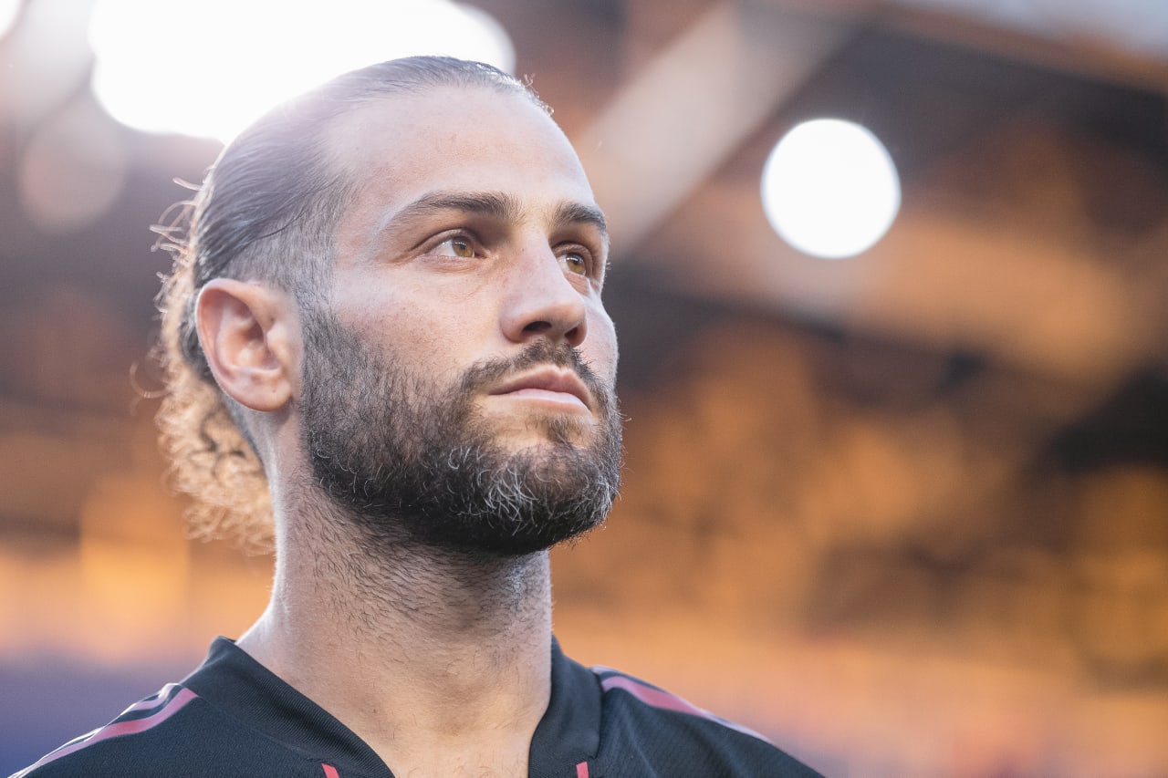 Atlanta United defender Alex De John #3 is seen during the national anthem prior to the match against New York Red Bulls at Red Bull Arena in Harrison, United States on Thursday June 30, 2022. (Photo by Dakota Williams/Atlanta United)