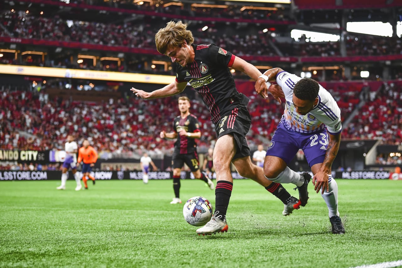 Atlanta United defender Aiden McFadden #37 steals the ball during the match against Orlando City at Mercedes-Benz Stadium in Atlanta, United States on Sunday July 17, 2022. (Photo by Kyle Hess/Atlanta United)