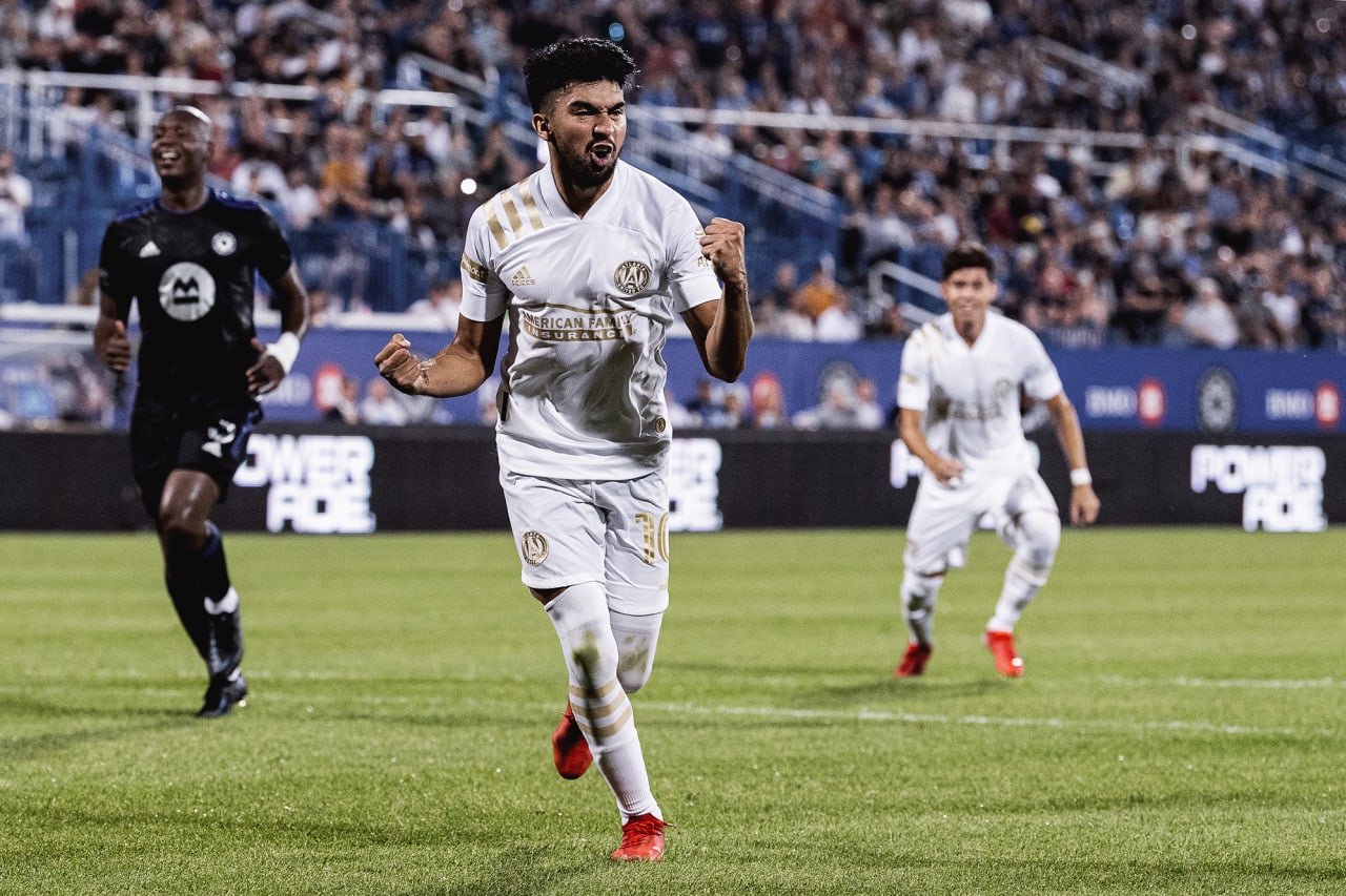 Atlanta United midfielder Marcelino Moreno #10 celebrates after scoring a goal during the match against CF Montreal at Stade Saputo in Montreal, Quebec on Wednesday August 4, 2021. (Photo by Jacob Gonzalez/Atlanta United)