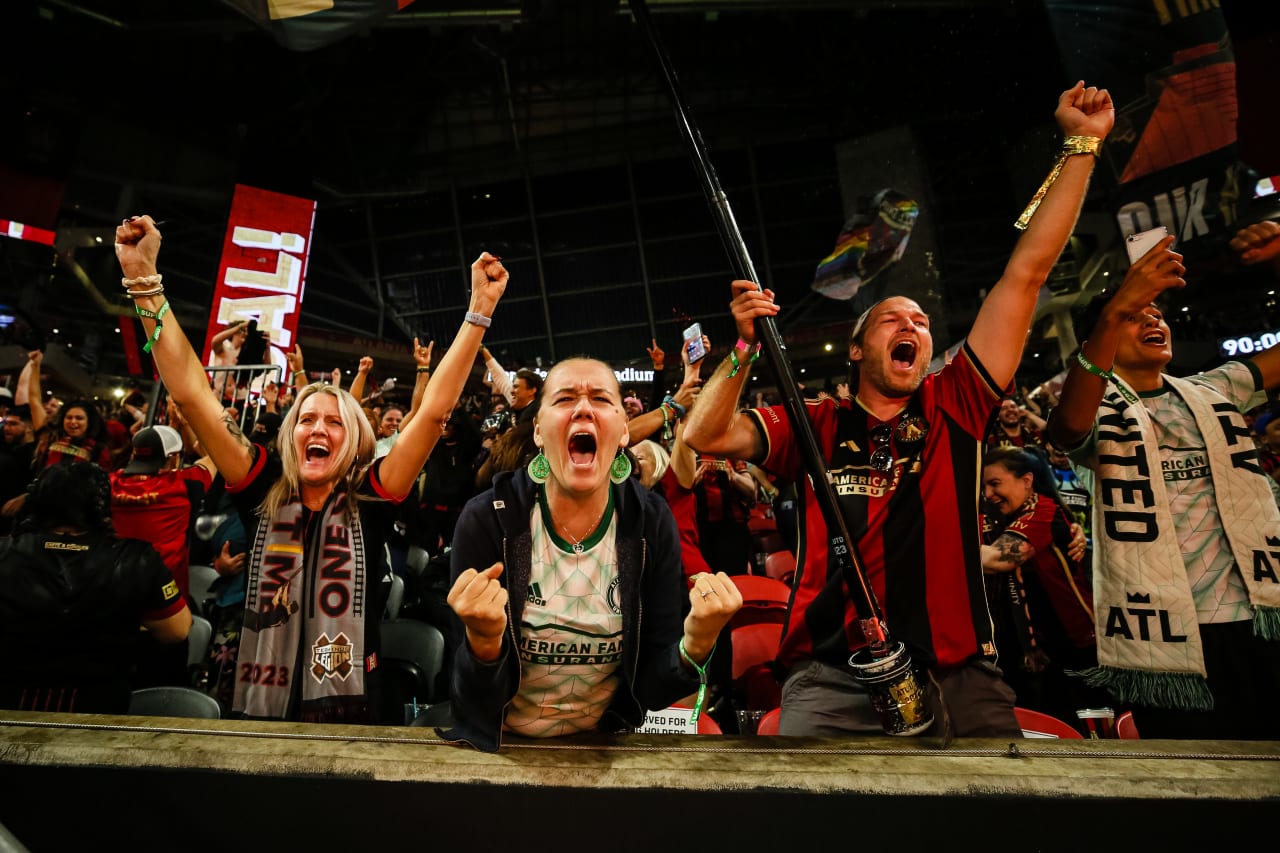 Fans cheer after a goal during the second half of the match against Columbus Crew at Mercedes-Benz Stadium in Atlanta, GA on Saturday, October 7, 2023. (Photo by AJ Reynolds/Atlanta United)