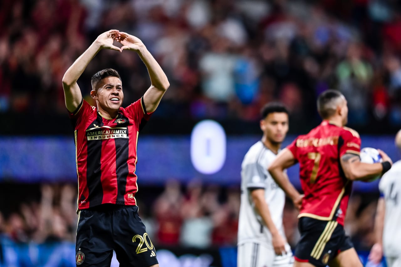 Atlanta United midfielder Matheus Rossetto #20 celebrates after scoring a goal during the match against Toronto FC at Mercedes-Benz Stadium in Atlanta, GA on Saturday, March 4, 2023. (Photo by Mitchell Martin/Atlanta United)