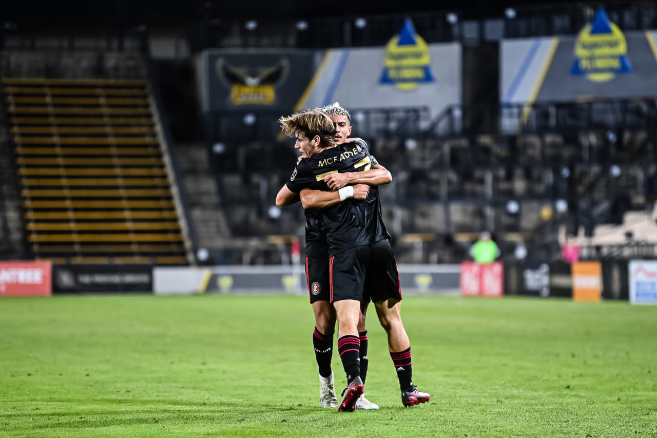 Atlanta United 2 midfielder Nick Firmino #8 and defender Aiden McFadden #37 celebrate after a goal during the MLS Next Pro match against New York City FC 2 at Fifth-Third Bank Stadium in Marietta, Ga. on Sunday, June 25, 2023. (Photo by Asher Greene/Atlanta United)