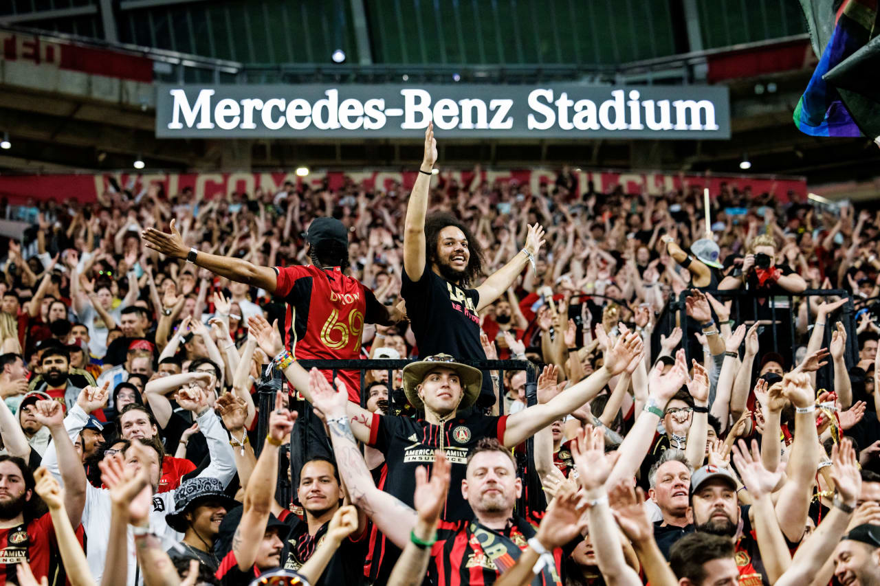 Scenes from the Supporter’s Section during the match against New York Red Bulls at Mercedes-Benz Stadium in Atlanta, Ga. on Saturday, April 1, 2023. (Photo by Karl Moore/Atlanta United)