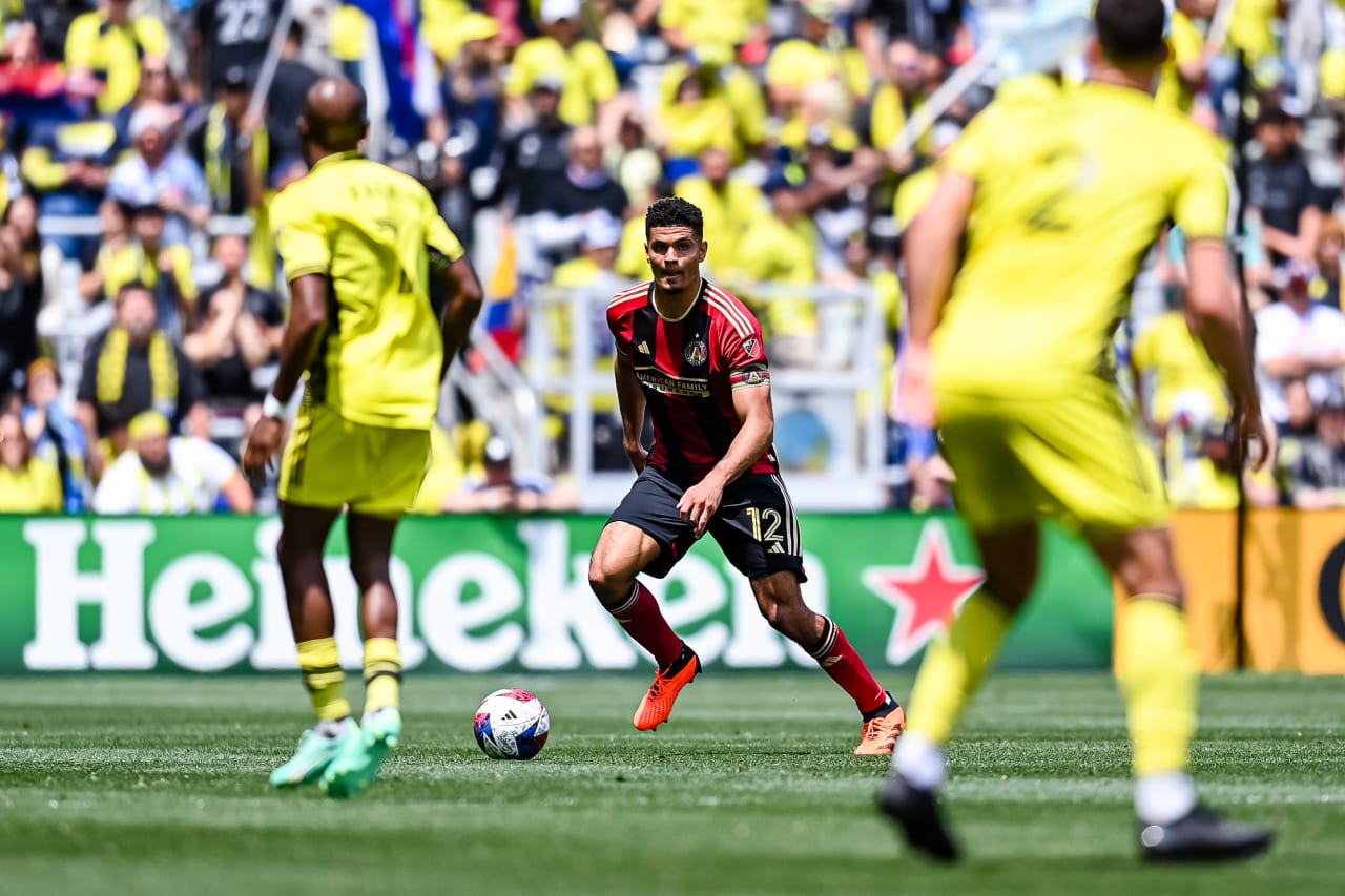 Atlanta United defender Miles Robinson #12 dribbles the ball during the match against Nashville SC at GEODIS Park in Nashville, TN on Saturday, April 29, 2023. (Photo by Mitchell Martin/Atlanta United)