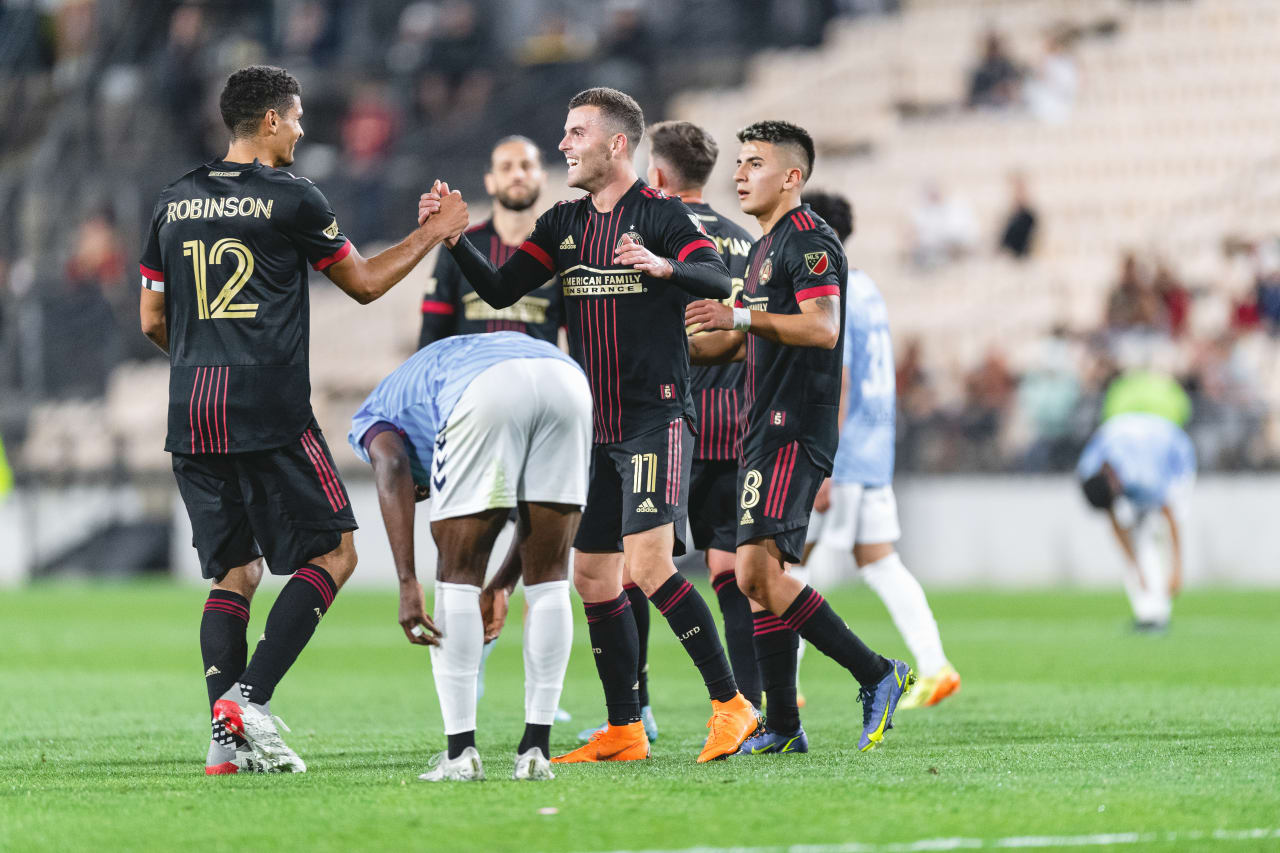 Atlanta United defender Brooks Lennon #11 celebrates after a goal during the match against Chattanooga FC at Fifth Third Bank Stadium in Kennesaw, United States on Wednesday April 20, 2022. (Photo by Kyle Hess/Atlanta United)