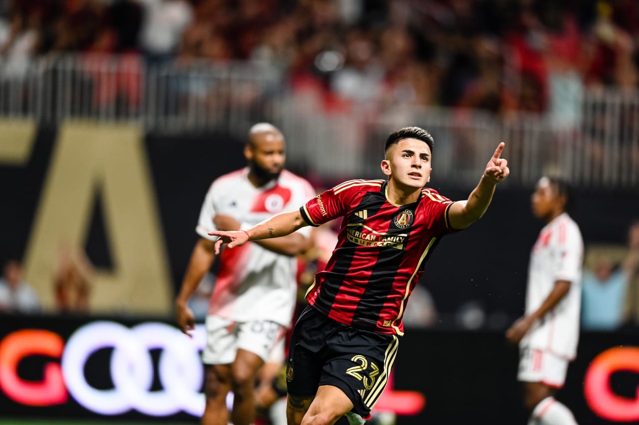 Atlanta United midfielder Thiago Almada #23 celebrates after a goal during the second half of the match against New England Revolution at Mercedes-Benz Stadium in Atlanta, GA on Wednesday, May 31, 2023. (Photo by Mitchell Martin/Atlanta United)