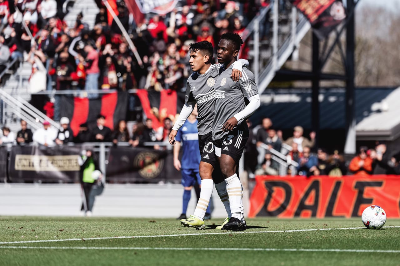 Atlanta United forward Daniel Bloyou #43 celebrates with midfielder Darwin Matheus after scoring during the second half of the preseason match against the Georgia Revolution at Turner Soccer Complex in Athens, Georgia, on Sunday January 30, 2022. (Photo by Jacob Gonzalez/Atlanta United)
