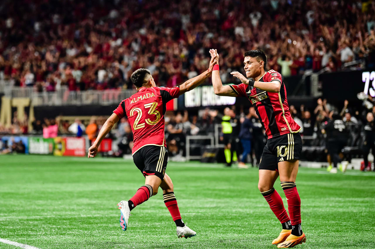 Atlanta United midfielder Thiago Almada #23 celebrates after a goal during the second half of the match against New England Revolution at Mercedes-Benz Stadium in Atlanta, GA on Wednesday, May 31, 2023. (Photo by Kyle Hess/Atlanta United)