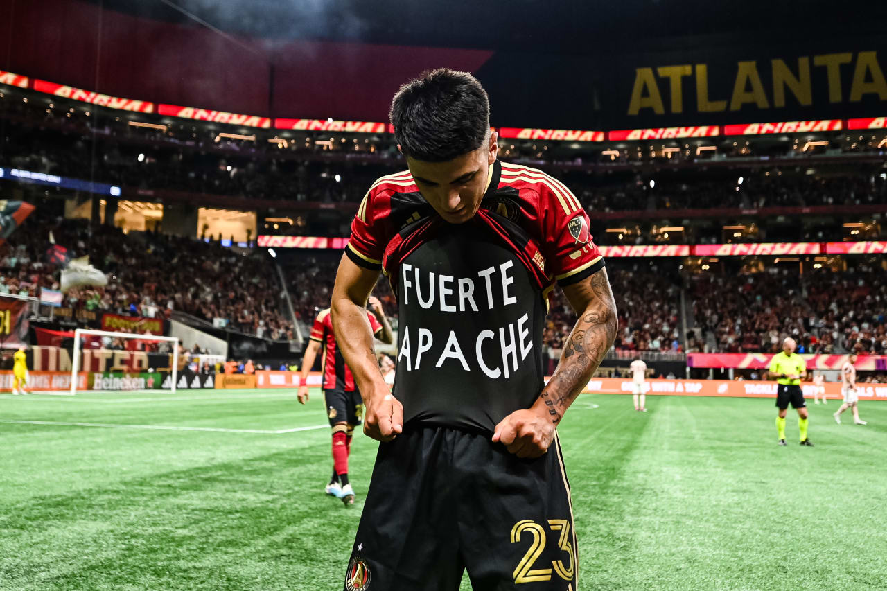 Atlanta United midfielder Thiago Almada #23 celebrates after a goal during the first half of the match against Portland Timbers at Mercedes-Benz Stadium in Atlanta, GA on Saturday March 18, 2023. (Photo by Mitchell Martin/Atlanta United)