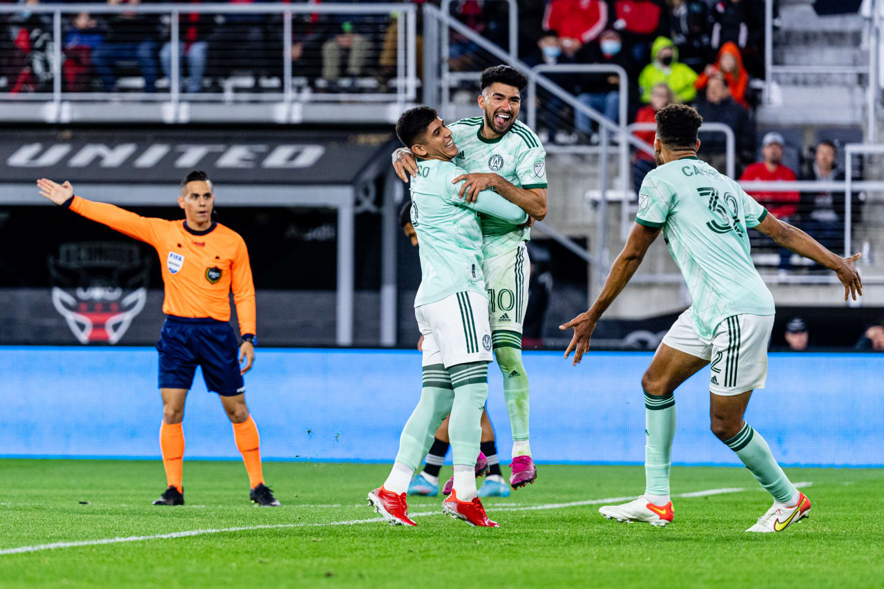 Atlanta United midfielder Marcelino Moreno #10 celebrates with his teammates after scoring during the match against DC United at Audi Field in Washington, DC, on Saturday April 2, 2022. (Photo by Mitch Martin/Atlanta United)