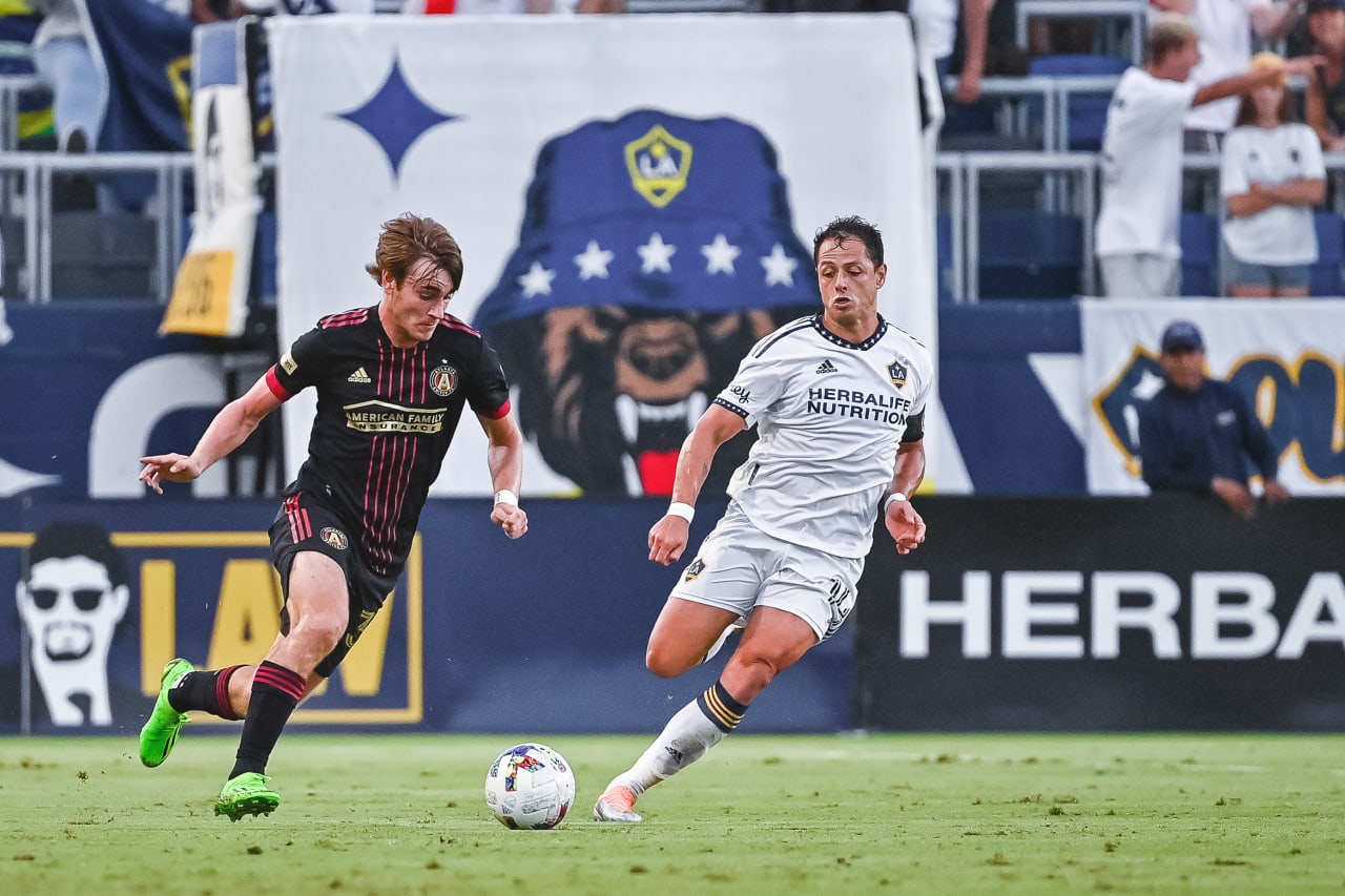 Atlanta United defender Aidan McFadden #37 dribbles the ball during the first half of the match against LA Galaxy at Dignity Health Sports Park in Carson, United States on Sunday July 24, 2022. (Photo by Dakota Williams/Atlanta United)