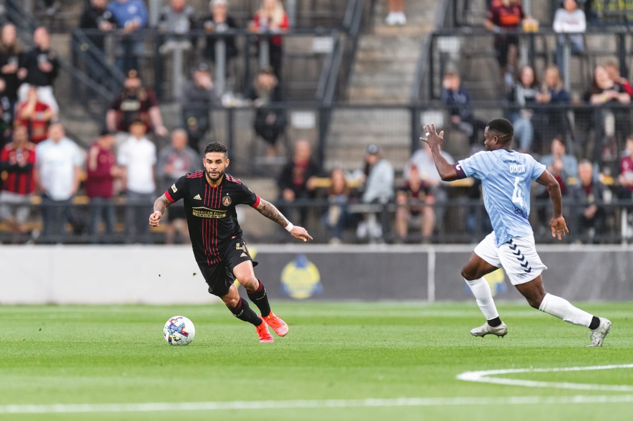Atlanta United forward Dom Dwyer #4 dribbles the ball the match against Chattanooga FC at Fifth Third Bank Stadium in Kennesaw, United States on Wednesday April 20, 2022. (Photo by Kyle Hess/Atlanta United)