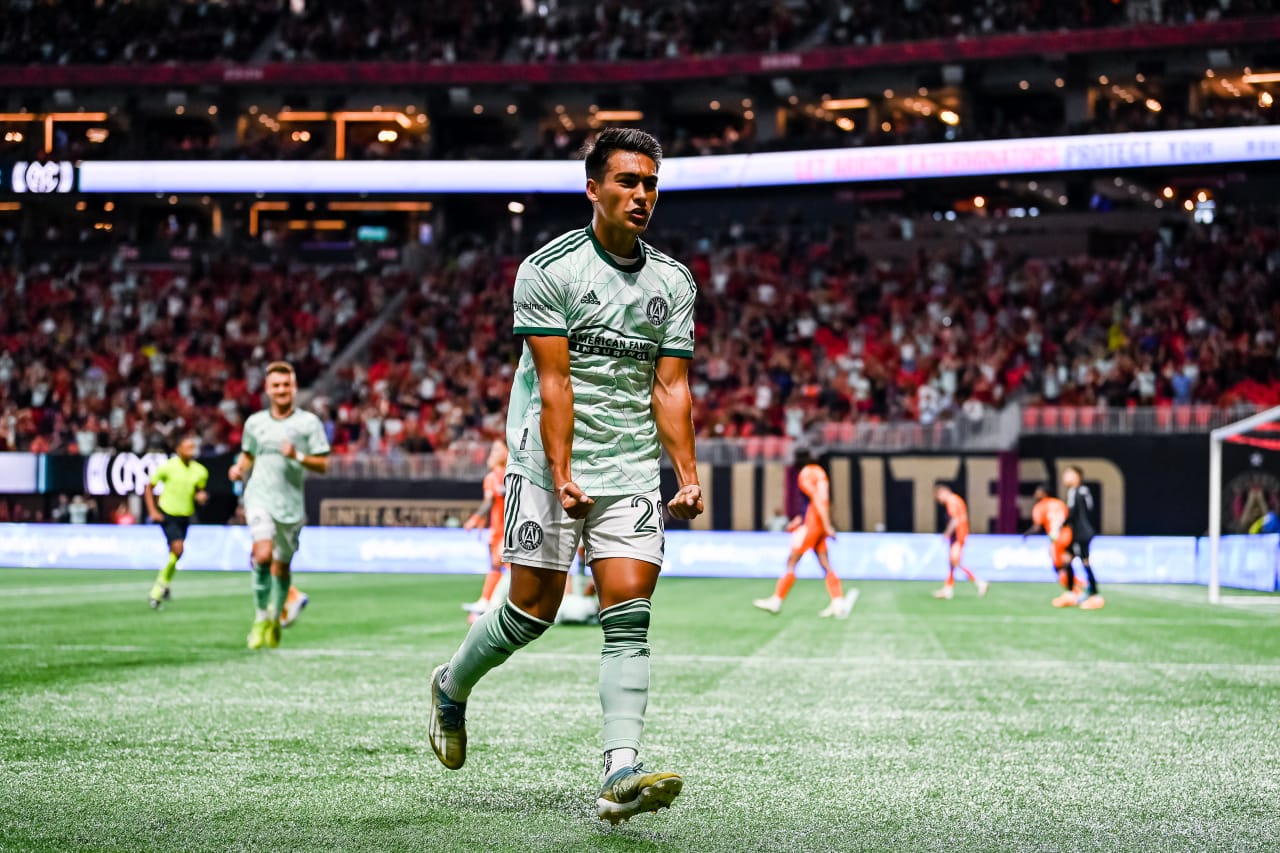 Atlanta United forward Tyler Wolff #28 celebrates after scoring a goal during first half of the match against New York City FC at Mercedes-Benz Stadium in Atlanta, GA on Wednesday, June 21, 2023. (Photo by Mitchell Martin/Atlanta United)