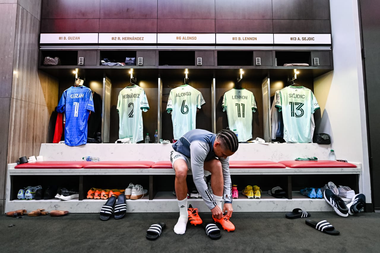 Atlanta United midfielder Osvaldo Alonso #6 prepares in the locker room before the match against New York City FC at Mercedes-Benz Stadium in Atlanta, GA on Wednesday, June 21, 2023. (Photo by Mitchell Martin/Atlanta United)