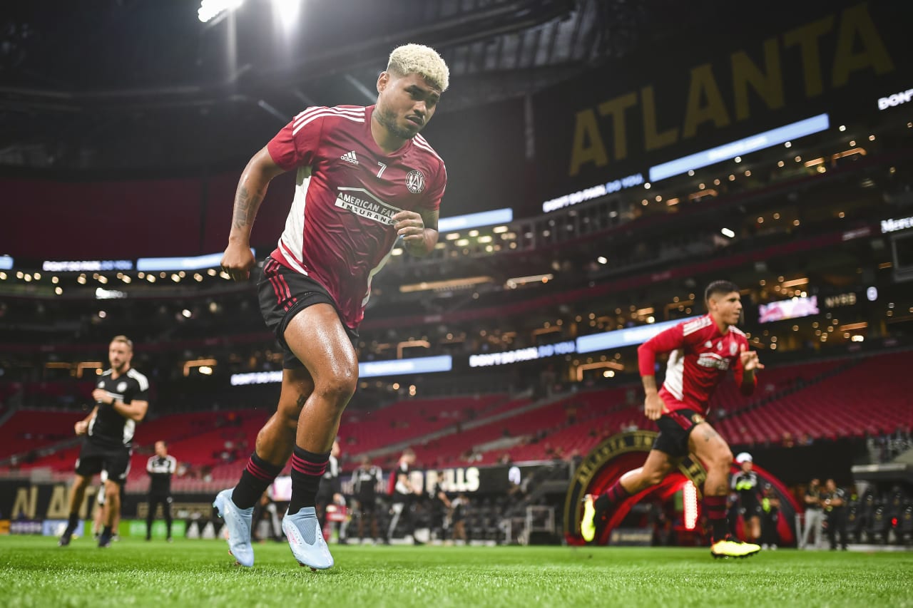 Atlanta United forward Josef Martinez #7 warms up before the match against New York Red Bulls at Mercedes-Benz Stadium in Atlanta, United States on Wednesday August 17, 2022. (Photo by Kyle Hess/Atlanta United)