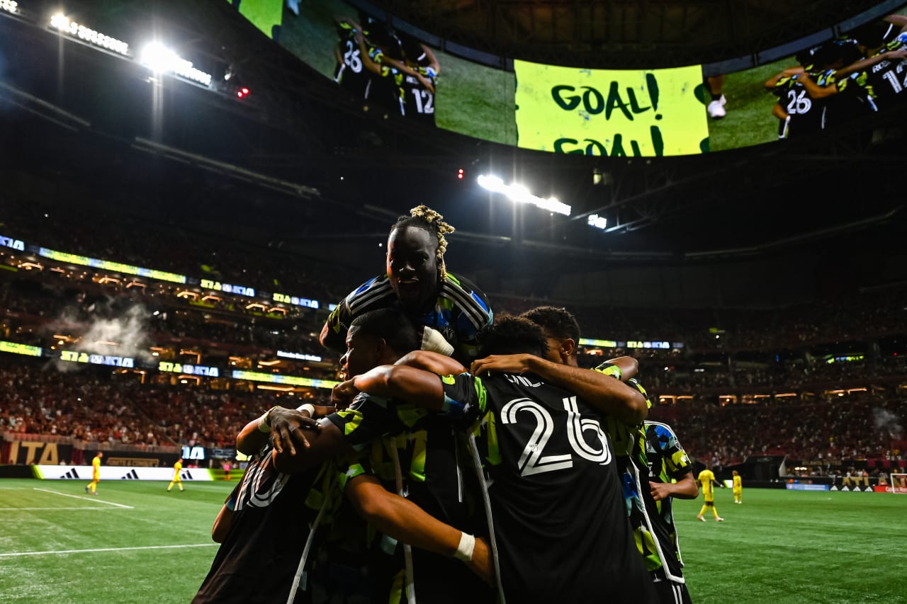 Atlanta United midfielder Thiago Almada #10 celebrates with teammates after a goal during the second half of the match against Nashville SC at Mercedes-Benz Stadium in Atlanta, GA on Saturday, August 26, 2023. (Photo by Mitch Martin/Atlanta United)
