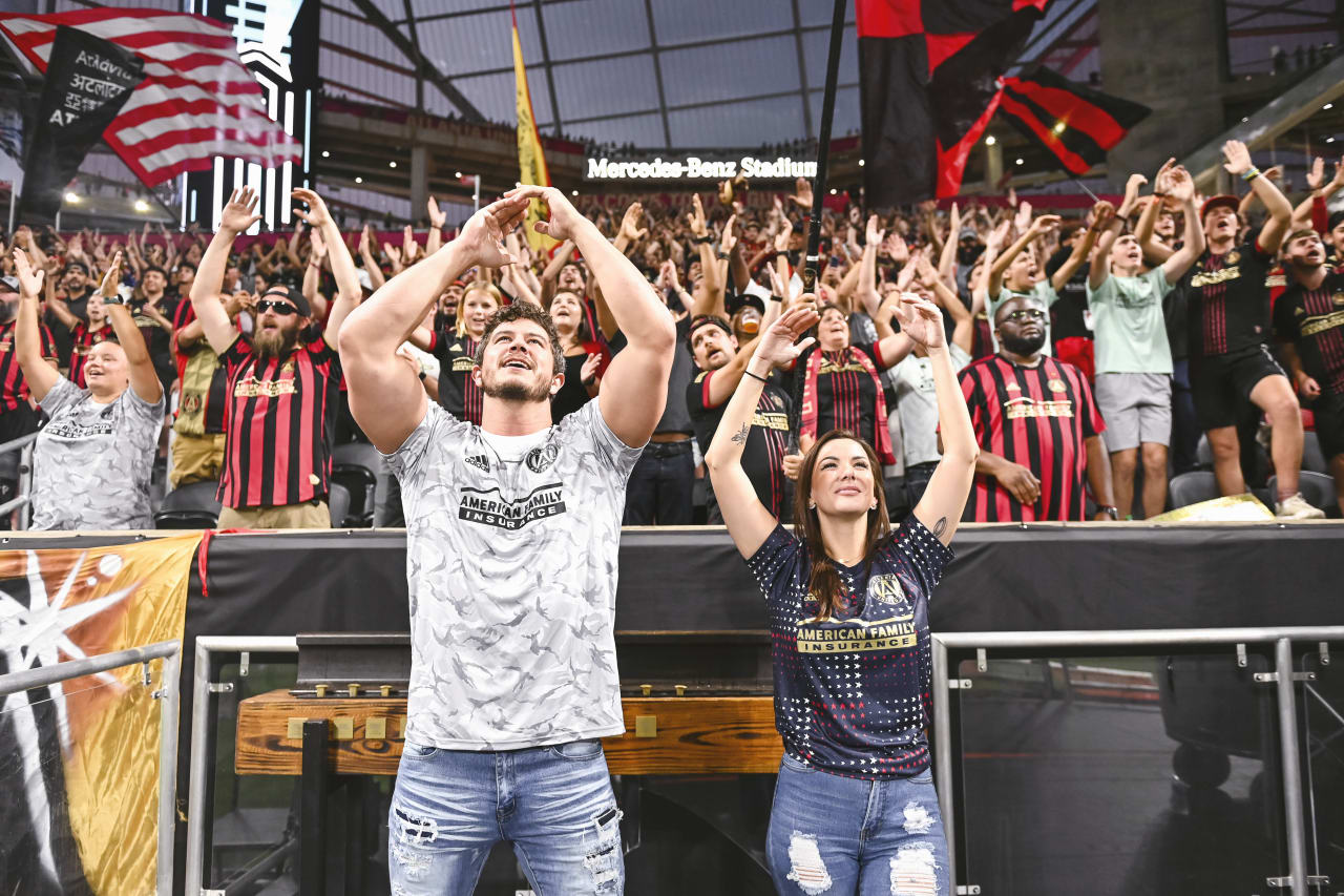 Amber Pike and Matt Barnett during the match against New York Red Bulls at Mercedes-Benz Stadium in Atlanta, United States on Wednesday August 17, 2022. (Photo by Jay Bendlin/Atlanta United)