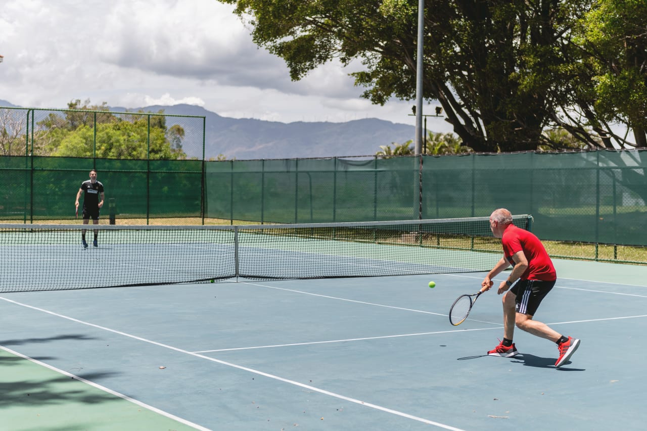 Atlanta United President Darren Eales and Vice President and Technical Director Carlos Bocanegra play tennis at the Hotel in Alajuela, Provincia de Alajuela, on Tuesday April 6, 2021. (Photo by Jacob Gonzalez/Atlanta United)