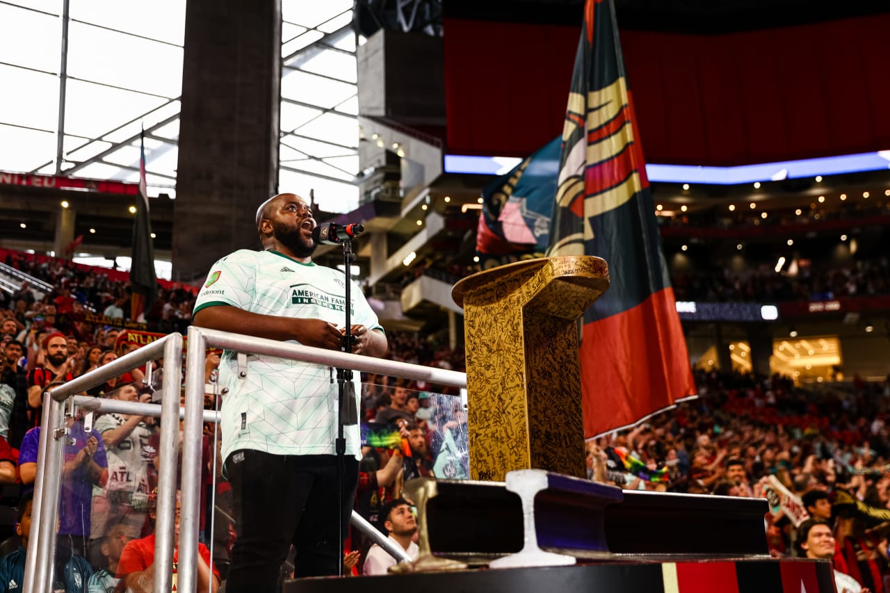 The national anthem singer performs before the match against New York City FC at Mercedes-Benz Stadium in Atlanta, GA on Wednesday, June 21, 2023. (Photo by Bee Trofort-Wilson/Atlanta United)