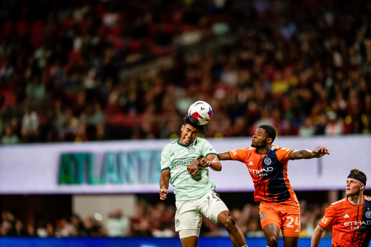Atlanta United defender Caleb Wiley #26 heads the ball during the match against New York City FC at Mercedes-Benz Stadium in Atlanta, GA on Wednesday, June 21, 2023. (Photo by Kathryn Skeean/Atlanta United)