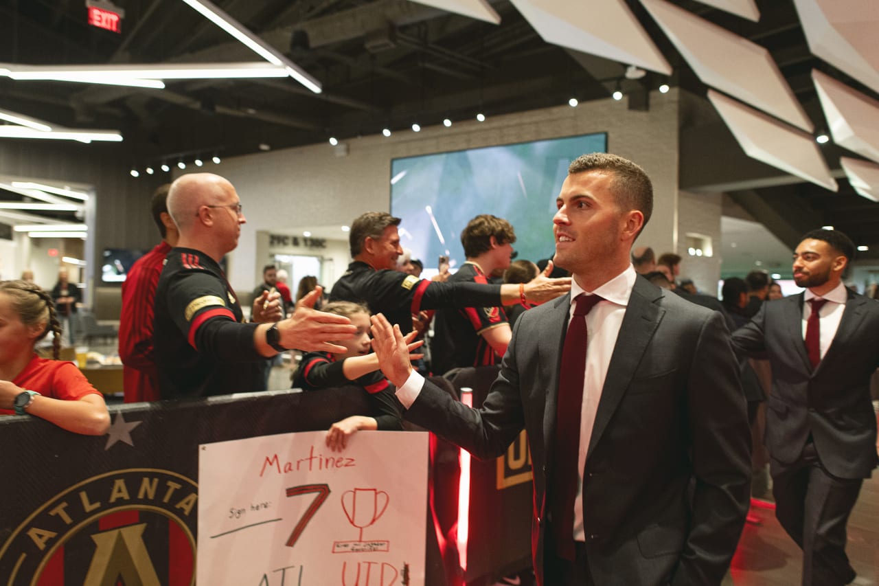 Atlanta United defender Brooks Lennon #11 interacts with supporters before the 2022 Opening Day match against Sporting Kansas City at Mercedes-Benz Stadium in Atlanta, United States on Sunday February 27, 2022. (Photo by Jacob Gonzalez/Atlanta United)