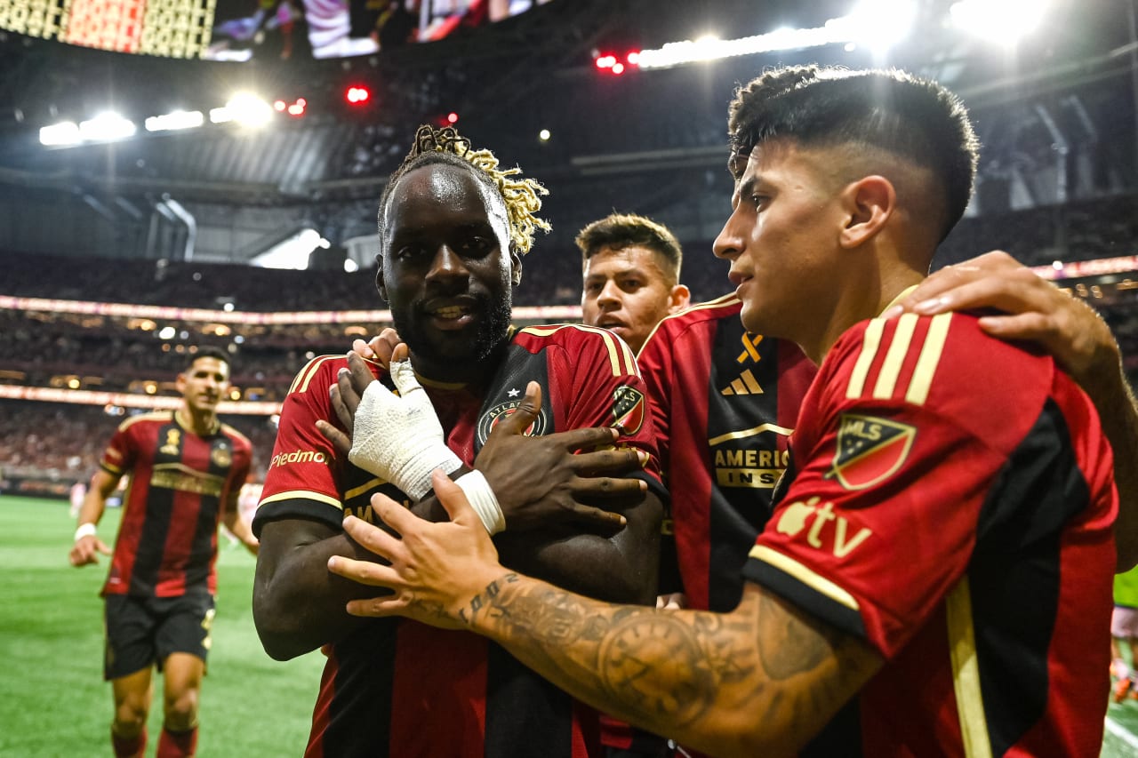 Atlanta United midfielder Tristan Muyumba #8 celebrates after a goal during the first half of the match against Inter Miami at Mercedes-Benz Stadium in Atlanta, GA on Saturday, September 16, 2023. (Photo by Mitch Martin/Atlanta United)