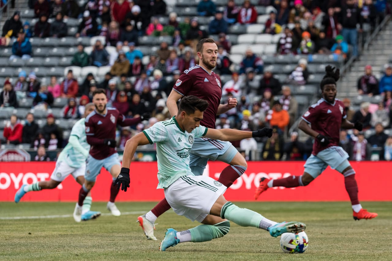 Atlanta United forward Tyler Wolff #28 runs with the ball during the match against Colorado Rapids at Dick's Sporting Goods Park in Commerce City, United States on Saturday March 5, 2022. (Photo by Dakota Williams/Atlanta United)