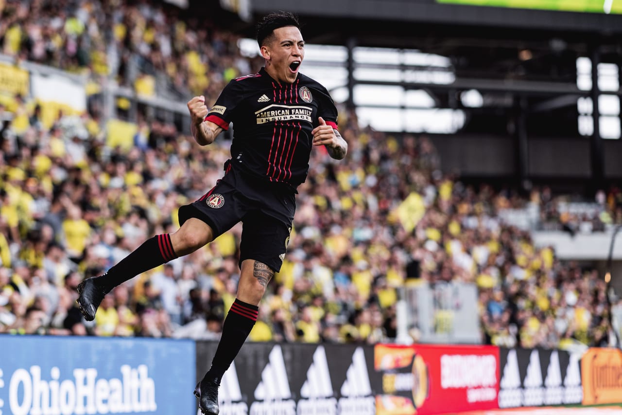 Atlanta United midfielder Ezequiel Barco #8 celebrates after scoring during the match against Columbus Crew at Lower.com Field in Columbus, Ohio on Saturday August 7, 2021. (Photo by Jacob Gonzalez/Atlanta United)