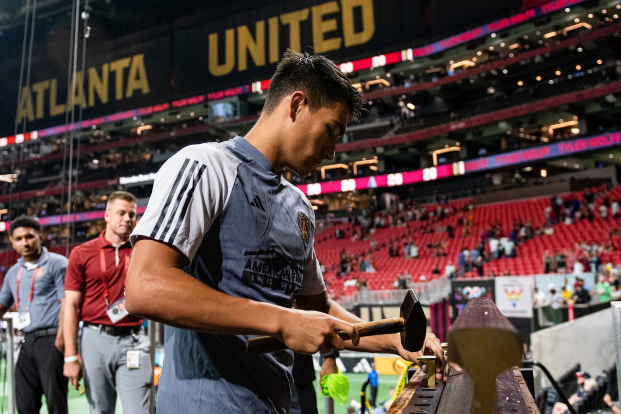 Atlanta United forward Tyler Wolff #28 wins the Golden Spike of Excellence after the match against New York City FC at Mercedes-Benz Stadium in Atlanta, GA on Wednesday, June 21, 2023. (Photo by Kathryn Skeean/Atlanta United)