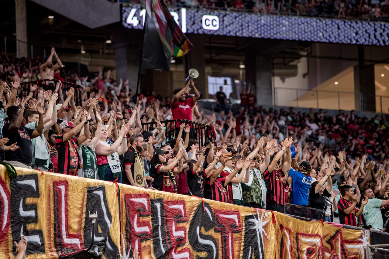 Atlanta United fans during the match against Colorado Rapids at Mercedes-Benz Stadium in Atlanta, Ga. on Wednesday, May 17, 2023. (Photo by Kyle Hess/Atlanta United)