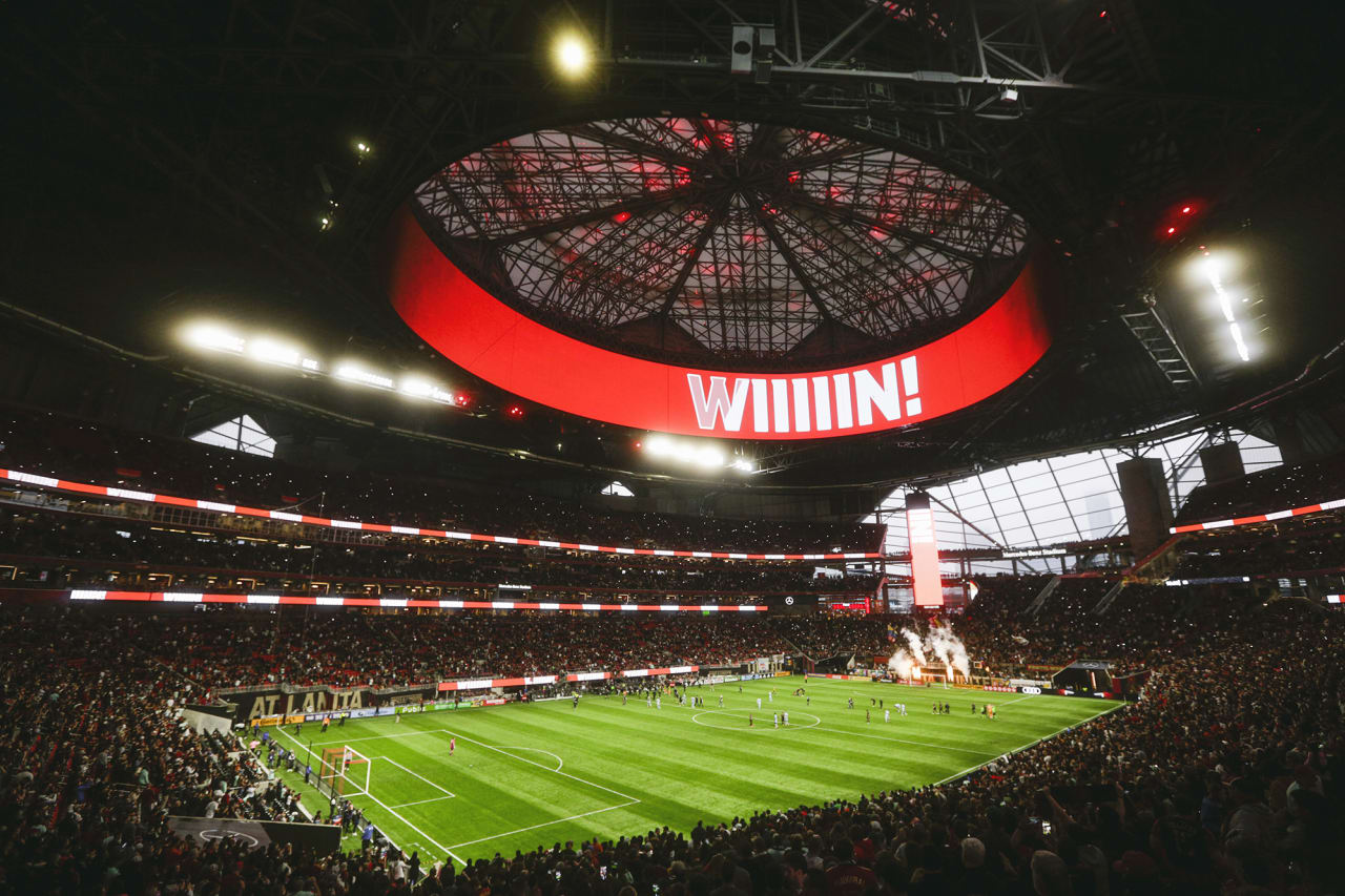 General view of the stadium after Atlanta United wins the 2022 Opening Day match against Sporting Kansas City at Mercedes-Benz Stadium in Atlanta, United States on Sunday February 27, 2022. (Photo by Matthew Grimes/Atlanta United)