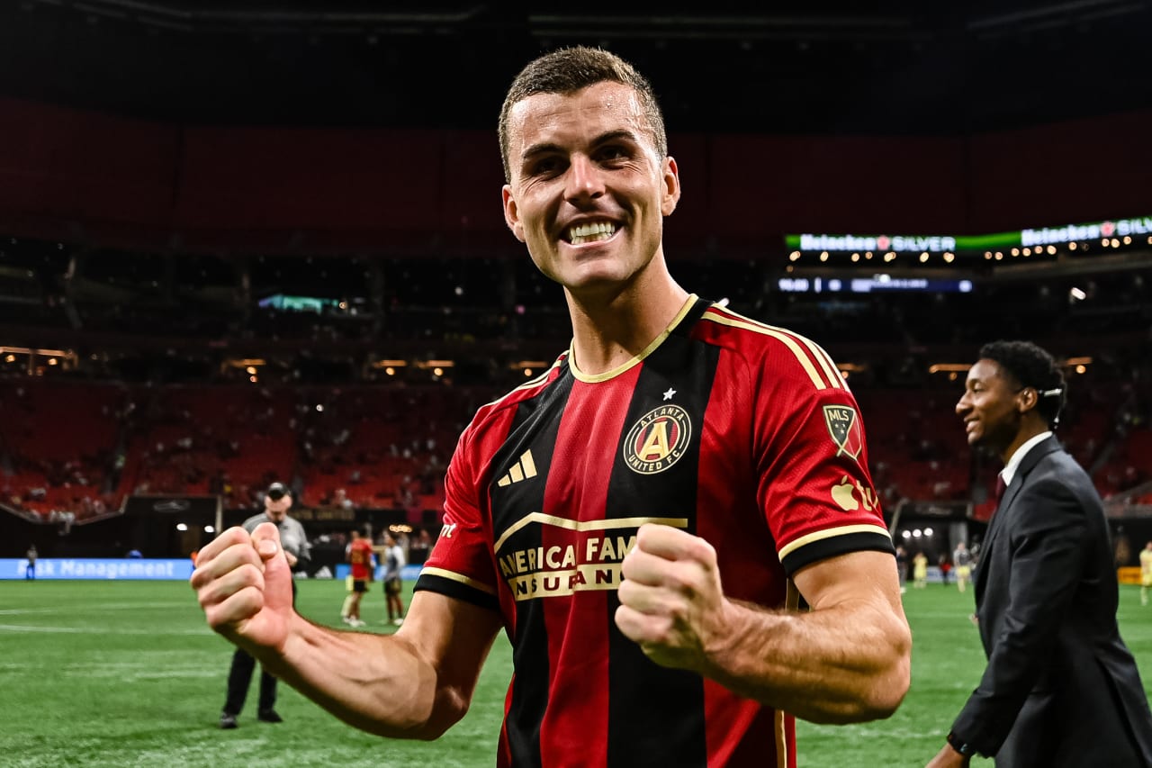 Atlanta United defender Brooks Lennon #11 reacts after a 1-0 victory against New York Red Bulls at Mercedes-Benz Stadium in Atlanta, GA on Saturday April 1, 2023. (Photo by Mitchell Martin/Atlanta United)