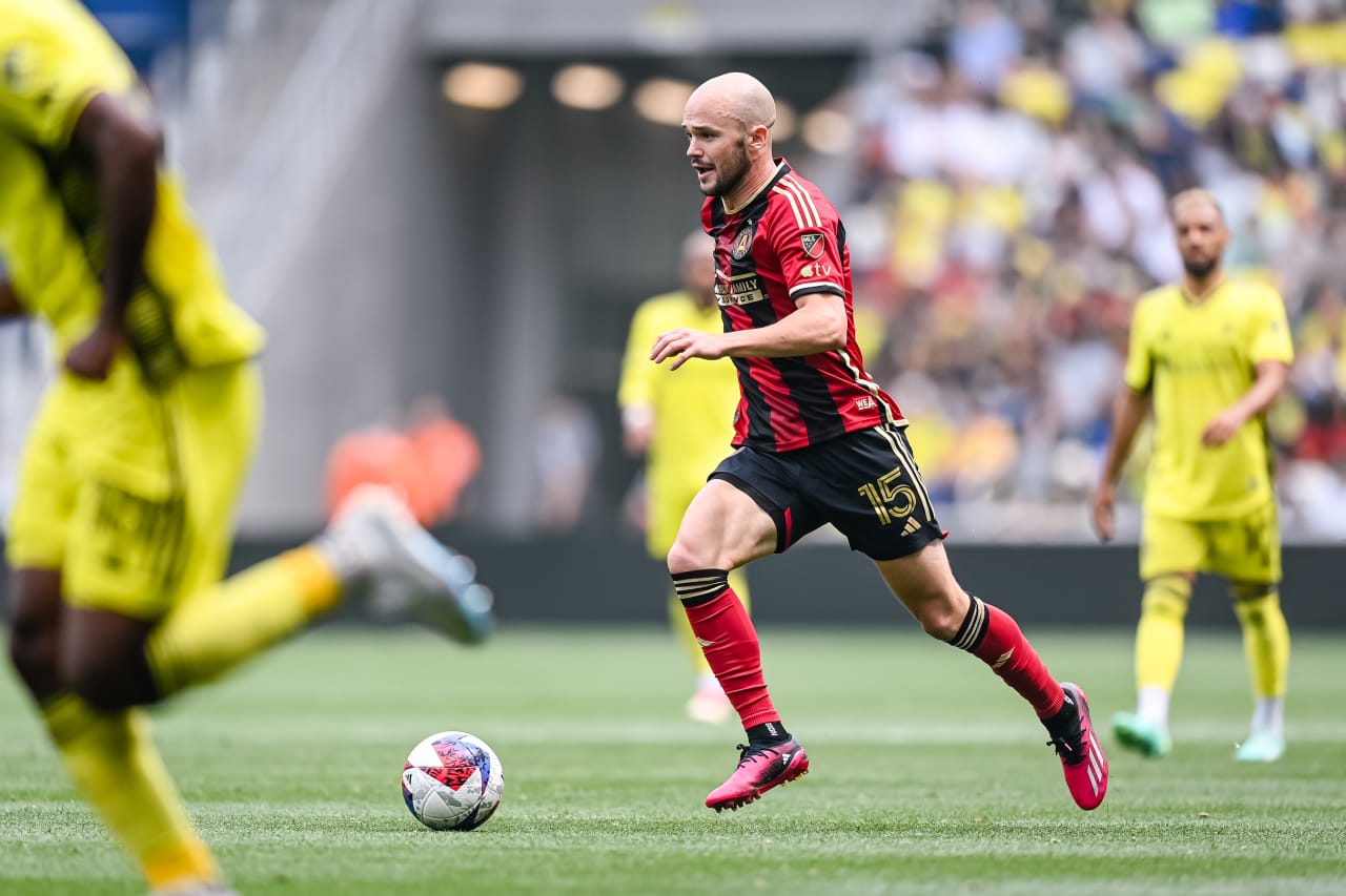 Atlanta United defender Andrew Gutman #15 dribbles the ball during the match against Nashville SC at GEODIS Park in Nashville, TN on Saturday, April 29, 2023. (Photo by Mitchell Martin/Atlanta United)