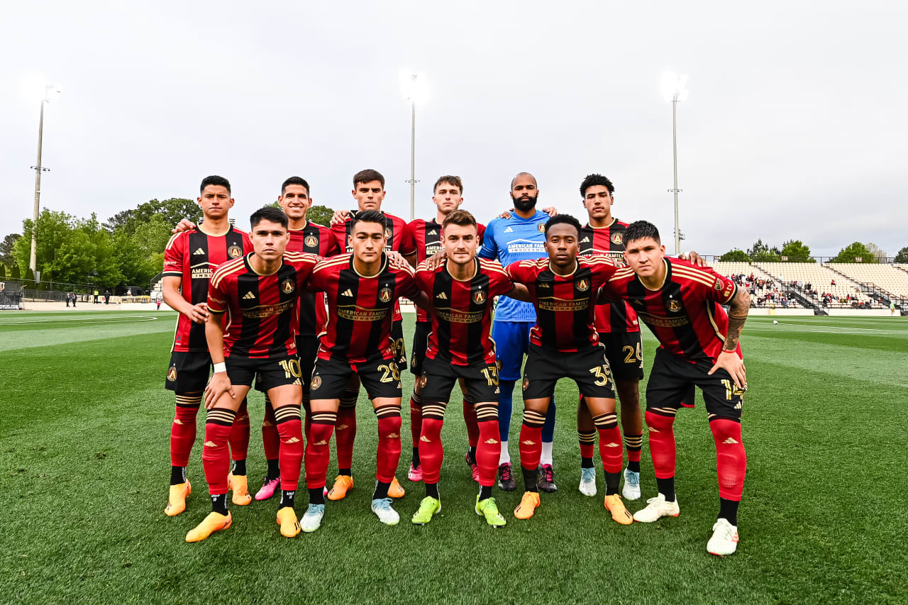 Starting XI pose prior to the Open Cup match against Memphis 901 FC at Fifth Third Bank Stadium in Kennesaw, GA on Wednesday April 26, 2023. (Photo by Mitchell Martin/Atlanta United)