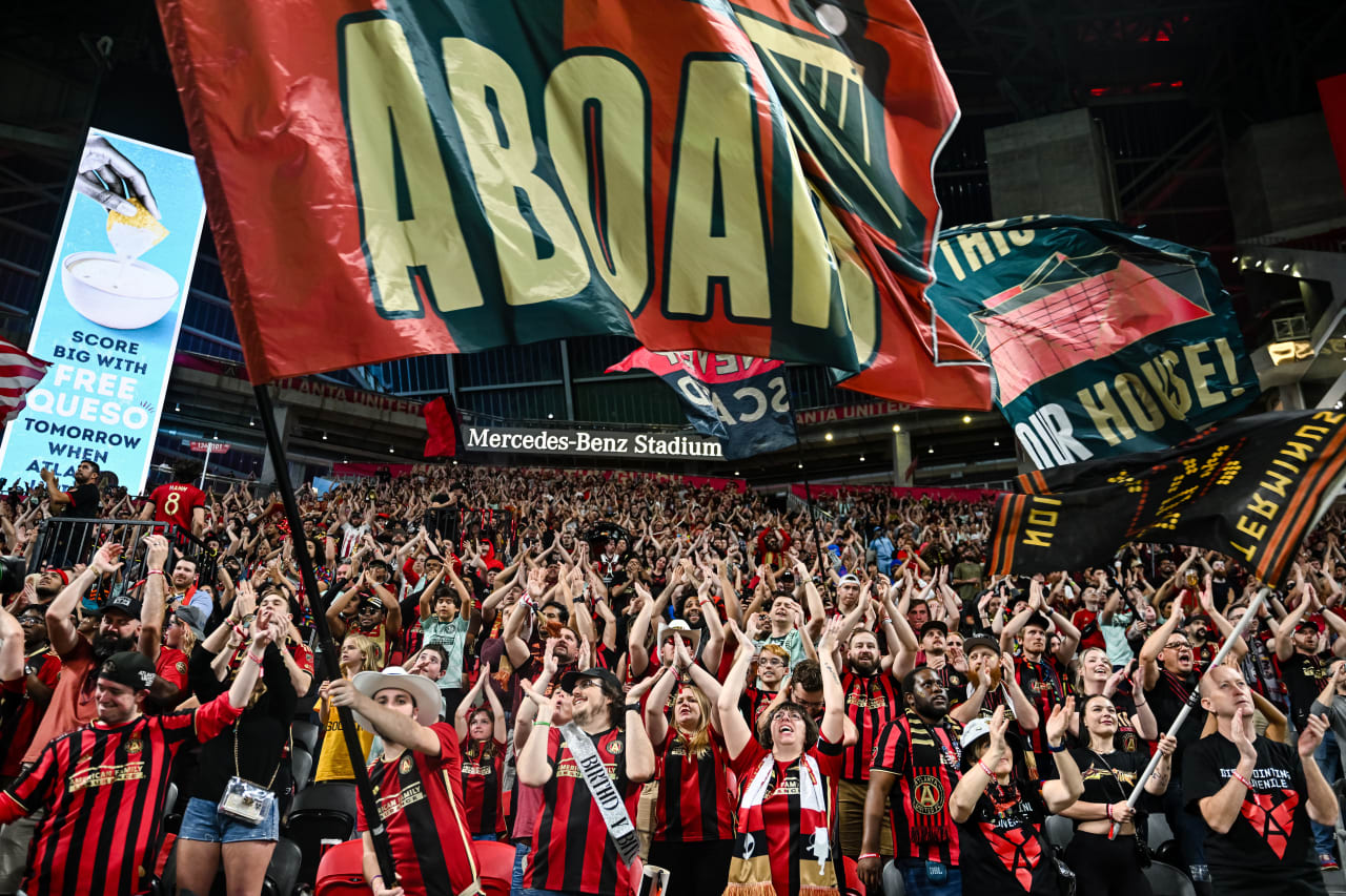 A general view of fans and supporters during the match against Toronto FC at Mercedes-Benz Stadium in Atlanta, GA on Saturday March 4, 2023. (Photo by Scoot/Atlanta United)