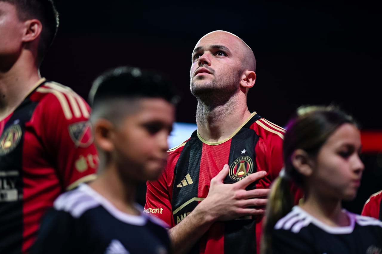Atlanta United defender Andrew Gutman #15 looks on during the National Anthem before the preseason match against Toluca FC at Mercedes-Benz Stadium in Atlanta, GA on Wednesday February 15, 2023. (Photo by Mitchell Martin/Atlanta United)