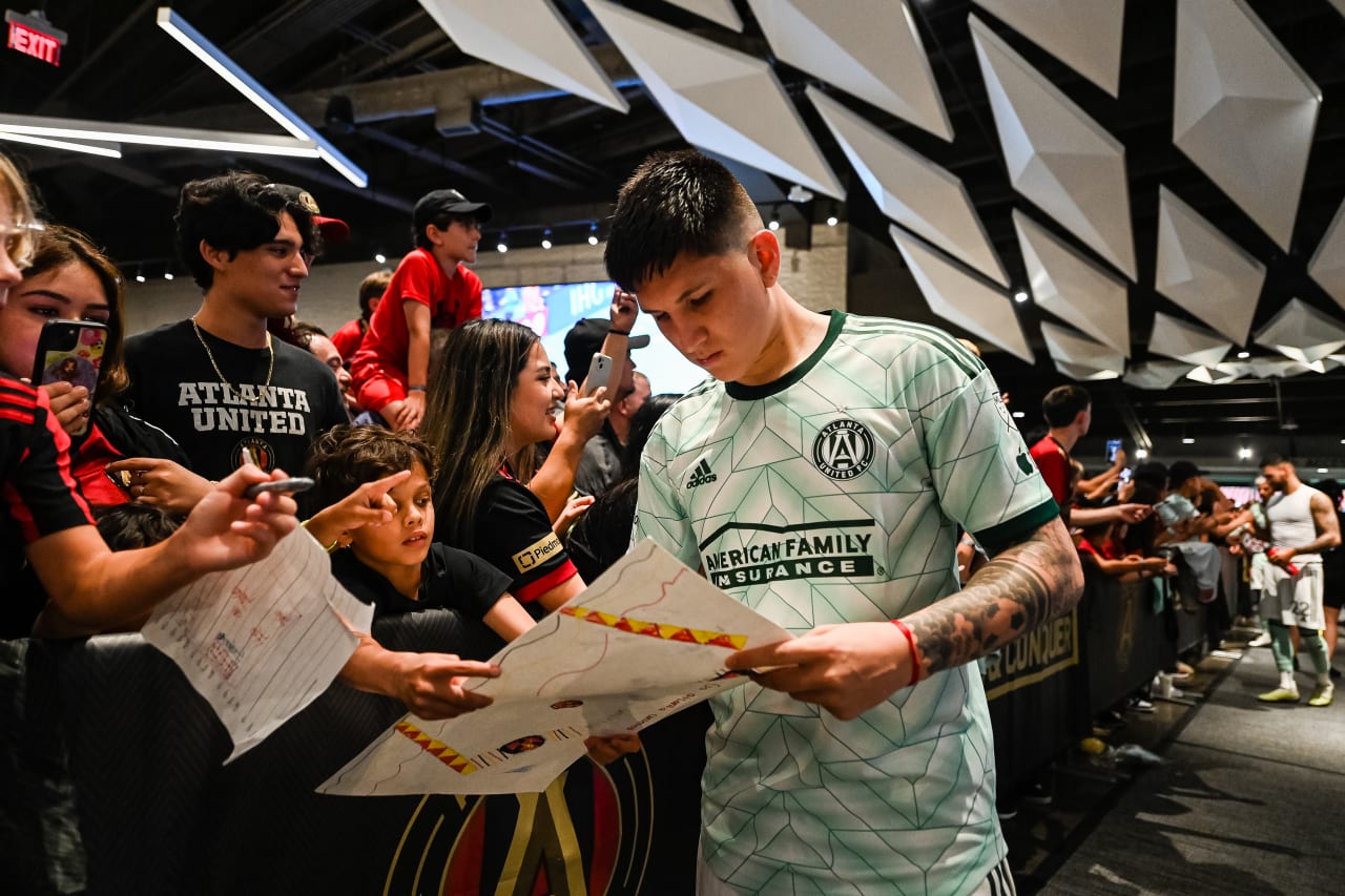 Atlanta United midfielder Franco Ibarra #14 signs autographs after the match against New York City FC at Mercedes-Benz Stadium in Atlanta, GA on Wednesday, June 21, 2023. (Photo by Mitchell Martin/Atlanta United)