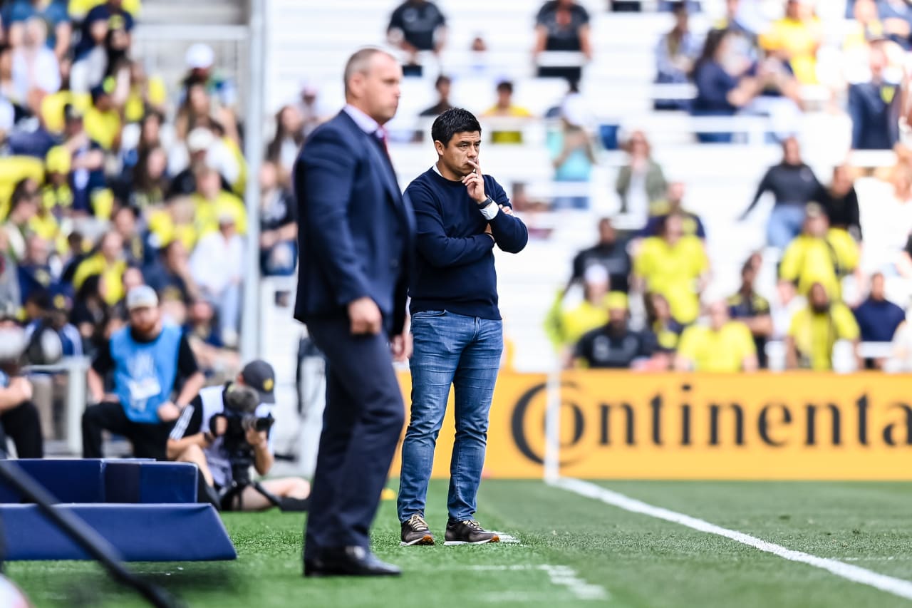 Atlanta United Head Coach Gonzalo Pineda looks on during the match against Nashville SC at GEODIS Park in Nashville, TN on Saturday, April 29, 2023. (Photo by Mitchell Martin/Atlanta United)