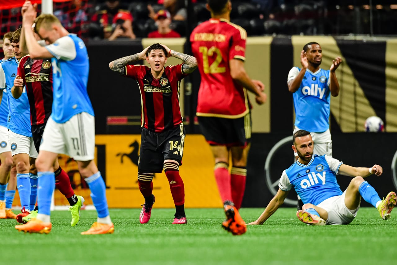 Atlanta United midfielder Franco Ibarra #14 reacts during the first half of the match against Charlotte FC at Mercedes-Benz Stadium in Atlanta, GA on Saturday May 13, 2023. (Photo by Kyle Hess/Atlanta United)