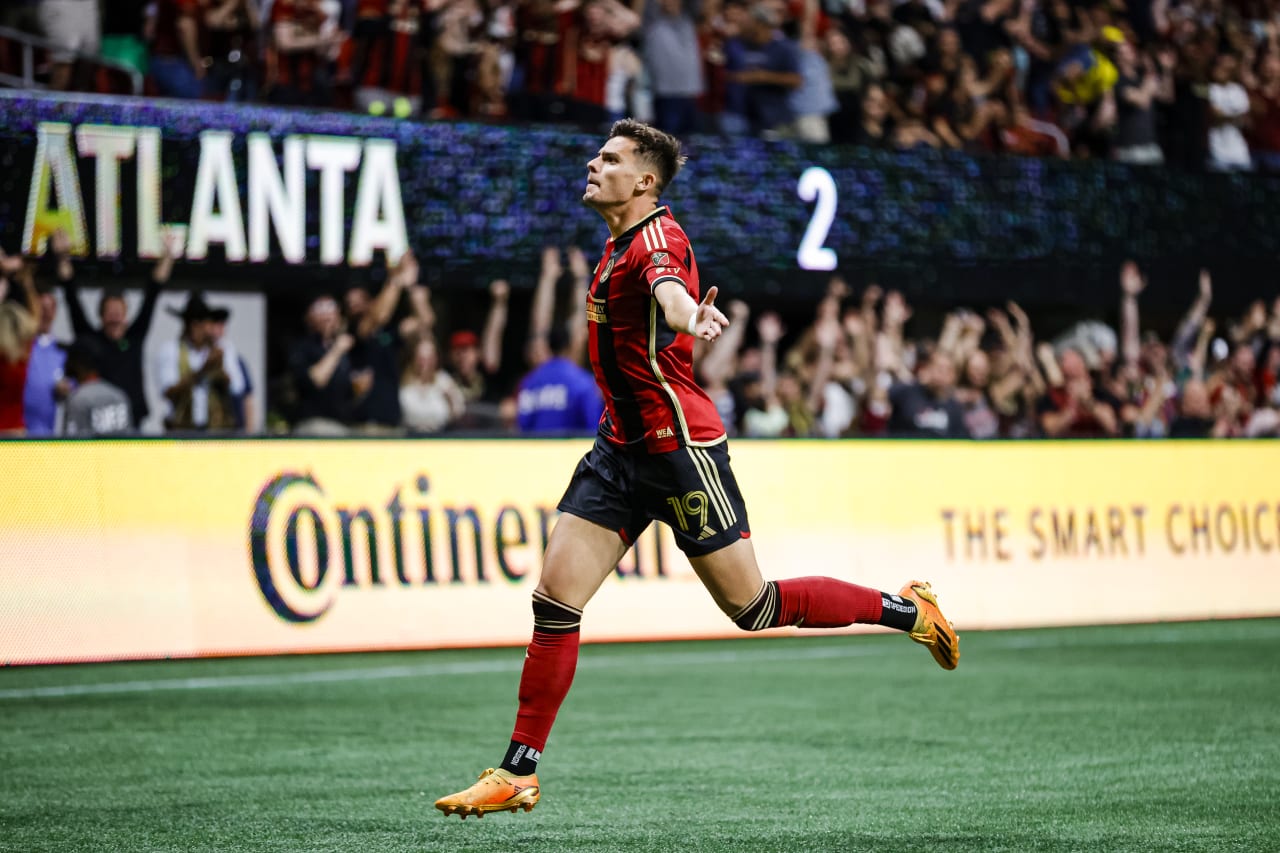 Atlanta United forward Miguel Berry #19 celebrates after a goal during the second half of the match against New England Revolution at Mercedes-Benz Stadium in Atlanta, GA on Wednesday, May 31, 2023. (Photo by Alex Slitz/Atlanta United)