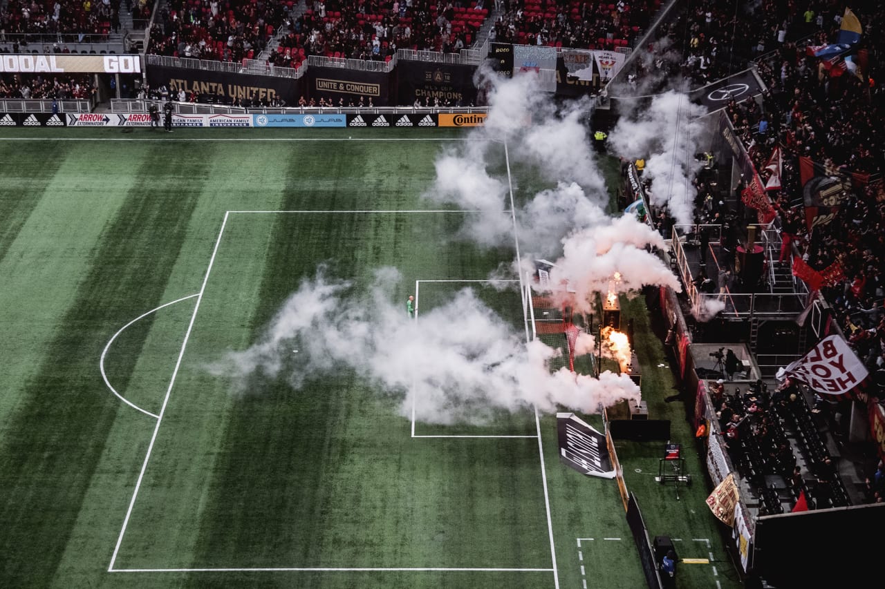A wide shot of the field after a goal during the match against Toronto FC at Mercedes-Benz Stadium in Atlanta, Georgia, on Friday September 13, 2019. (Photo by Jacob Gonzalez/Atlanta United)