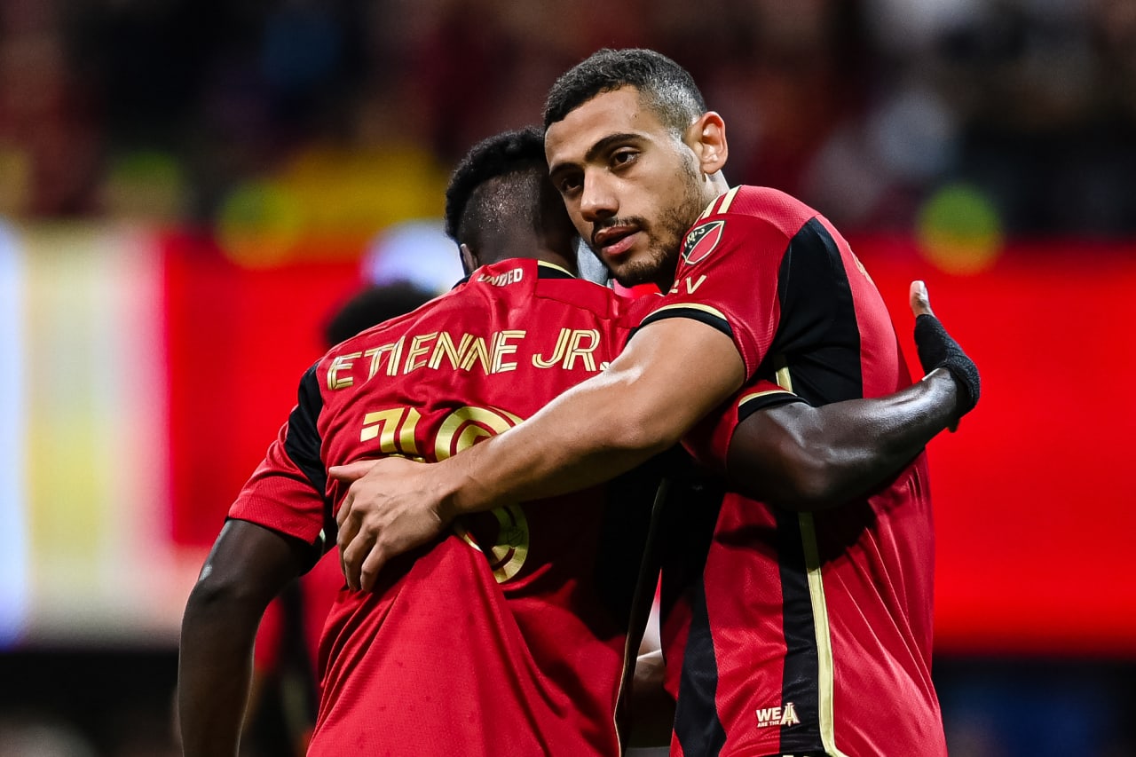Atlanta United forward Giorgos Giakoumakis #7 and midfielder Derrick Etienne Jr. #18 celebrate after a goal during the first half during the match against New York Red Bulls at Mercedes-Benz Stadium in Atlanta, GA on Saturday April 1, 2023. (Photo by Mitchell Martin/Atlanta United)