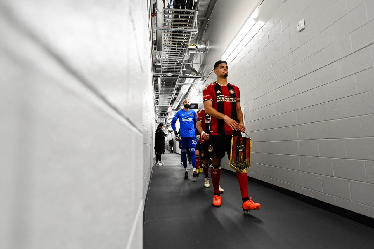 Atlanta United defender Miles Robinson #12 walks out before the match against Nashville SC at GEODIS Park in Nashville, TN on Saturday, April 29, 2023. (Photo by Mitchell Martin/Atlanta United)