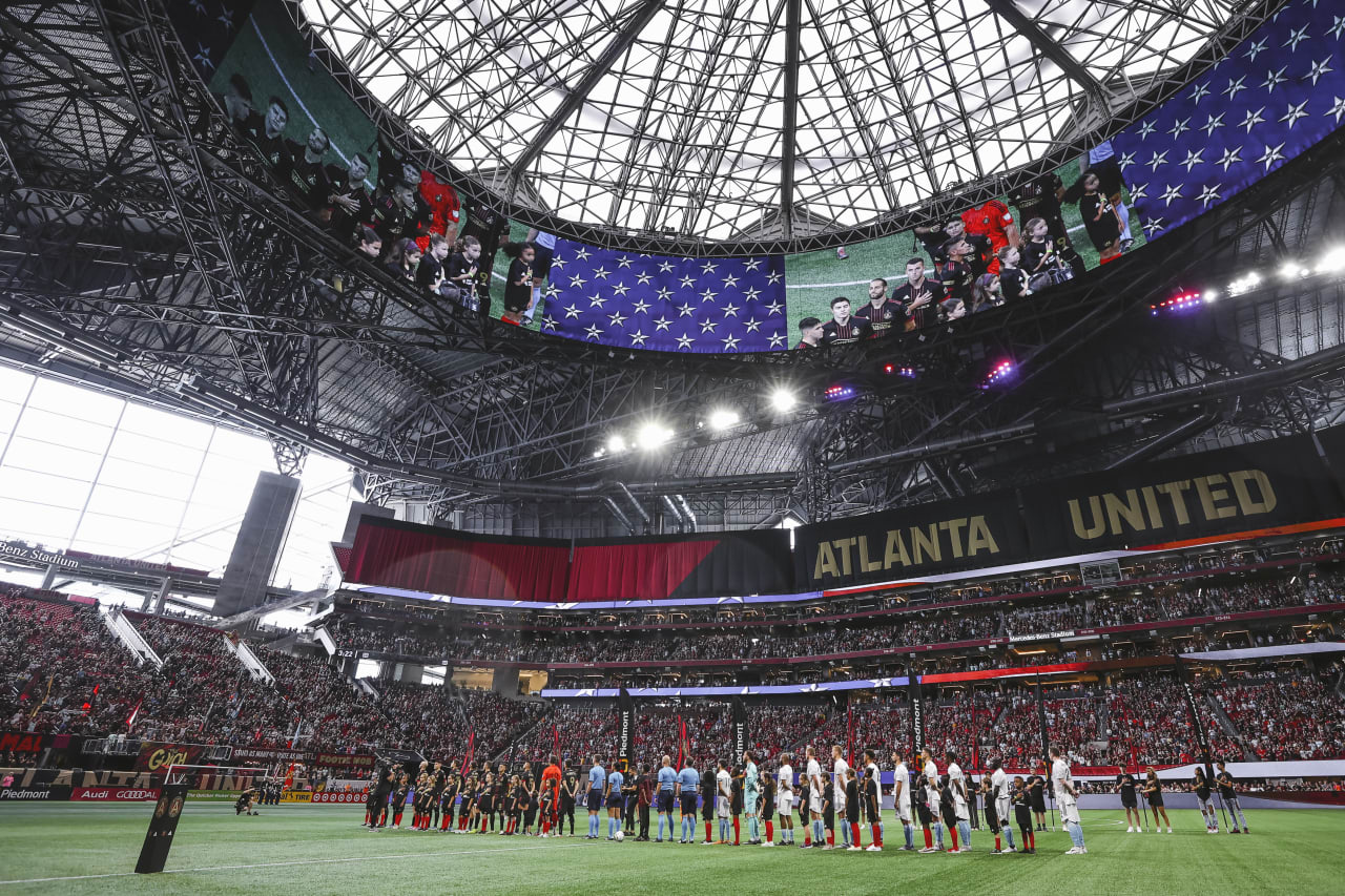 Amanda Athens sings the national anthem during the match against New England Revolution at Mercedes-Benz Stadium in Atlanta, United States on Sunday May 15, 2022. (Photo by Casey Sykes/Atlanta United)