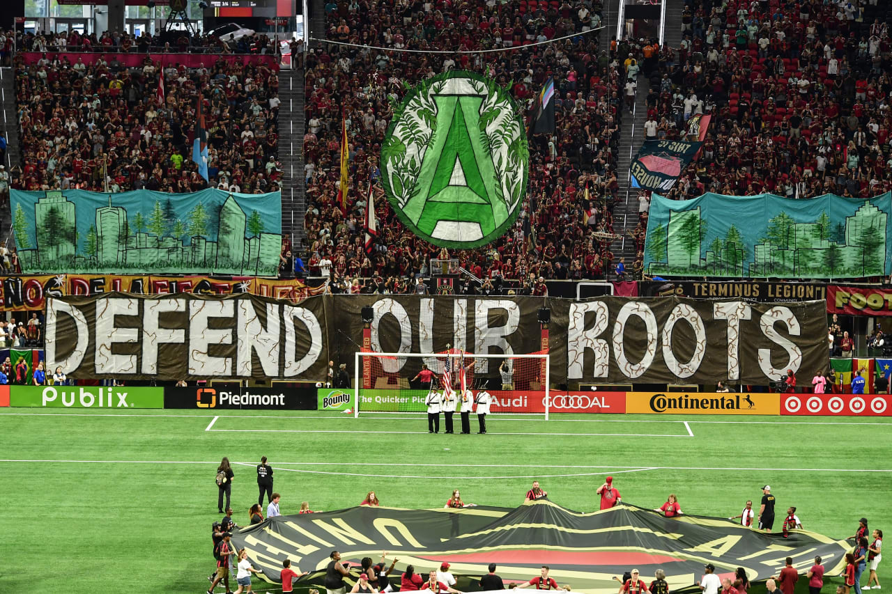 The TIFO is raised during the match against Orlando City at Mercedes-Benz Stadium in Atlanta, GA on Saturday, July 15, 2023. (Photo by Kyle Hess/Atlanta United)