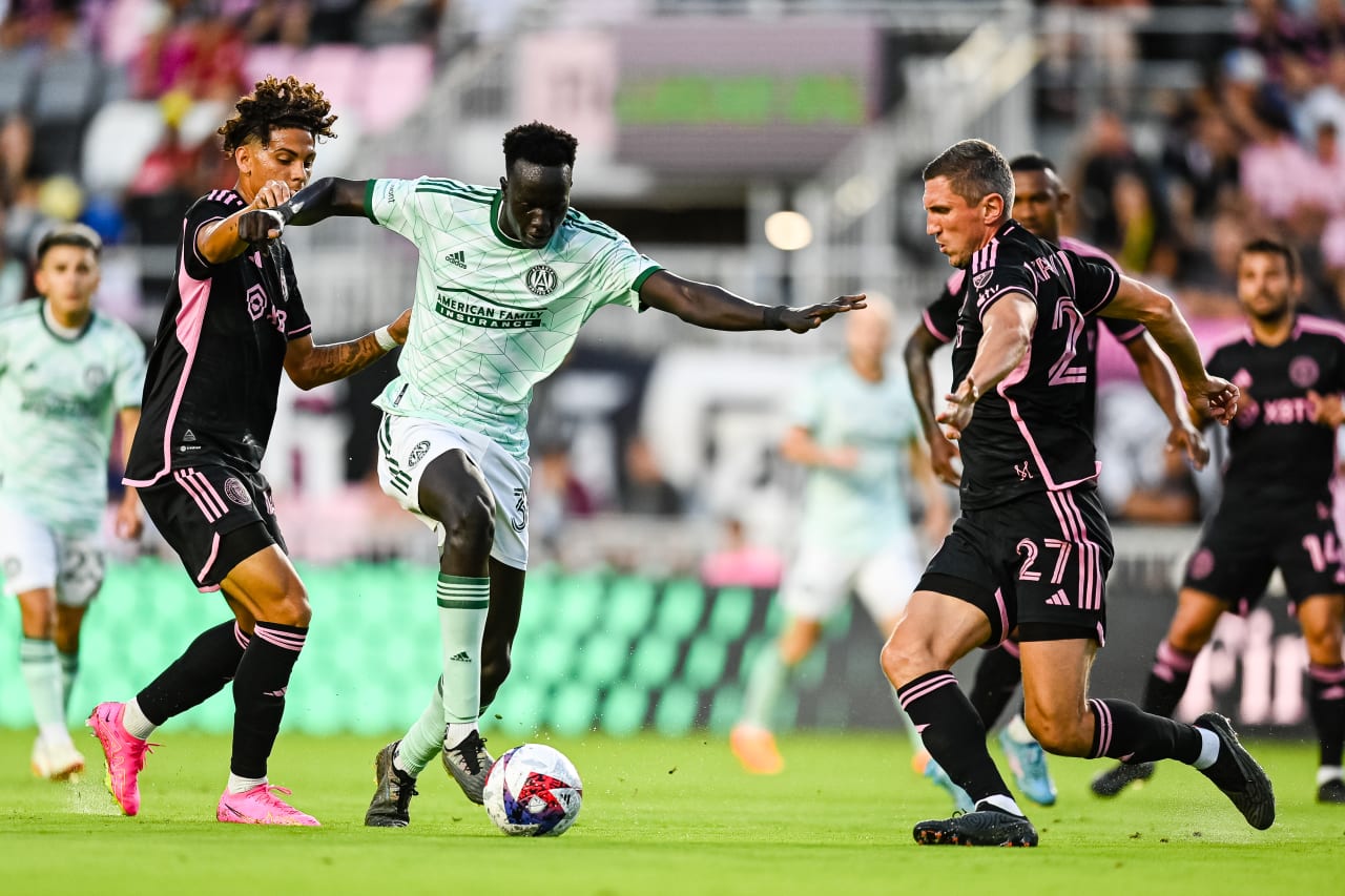 Atlanta United forward Machop Chol #30 dribbles the ball during the match against Inter Miami at DRV PNK Stadium in Fort Lauderdale, FL on Saturday, May 6, 2023. (Photo by Mitchell Martin/Atlanta United)