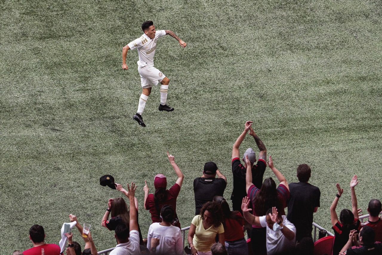 Atlanta United midfielder Ezequiel Barco #8 celebrates after scoring the first goal of the match against Toronto FC at Mercedes-Benz Stadium in Atlanta, Georgia on Wednesday August 18, 2021. (Photo by Mitchell Martin/Atlanta United)