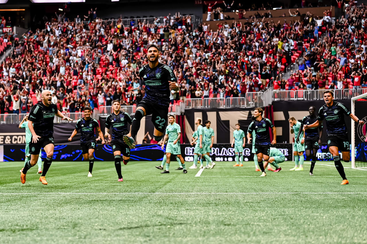 Atlanta United defender Juan José Sanchez Purata #22 reacts after a goal is scored during the match against Chicago Fire FC at Mercedes-Benz Stadium in Atlanta, GA on Sunday, April 23, 2023. (Photo by Mitchell Martin/Atlanta United)