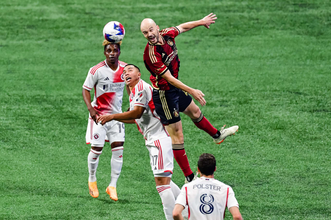 Atlanta United defender Andrew Gutman #15 heads the ball during the first half of the match against New England Revolution at Mercedes-Benz Stadium in Atlanta, GA on Wednesday, May 31, 2023. (Photo by Kyle Hess/Atlanta United)
